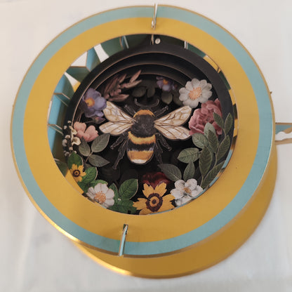 Cup of tea pop up greeting card. Bee theme