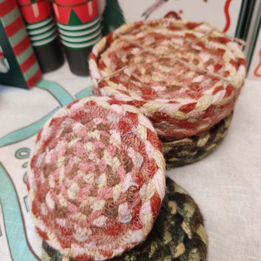 Jute set of 6 coasters in Coral