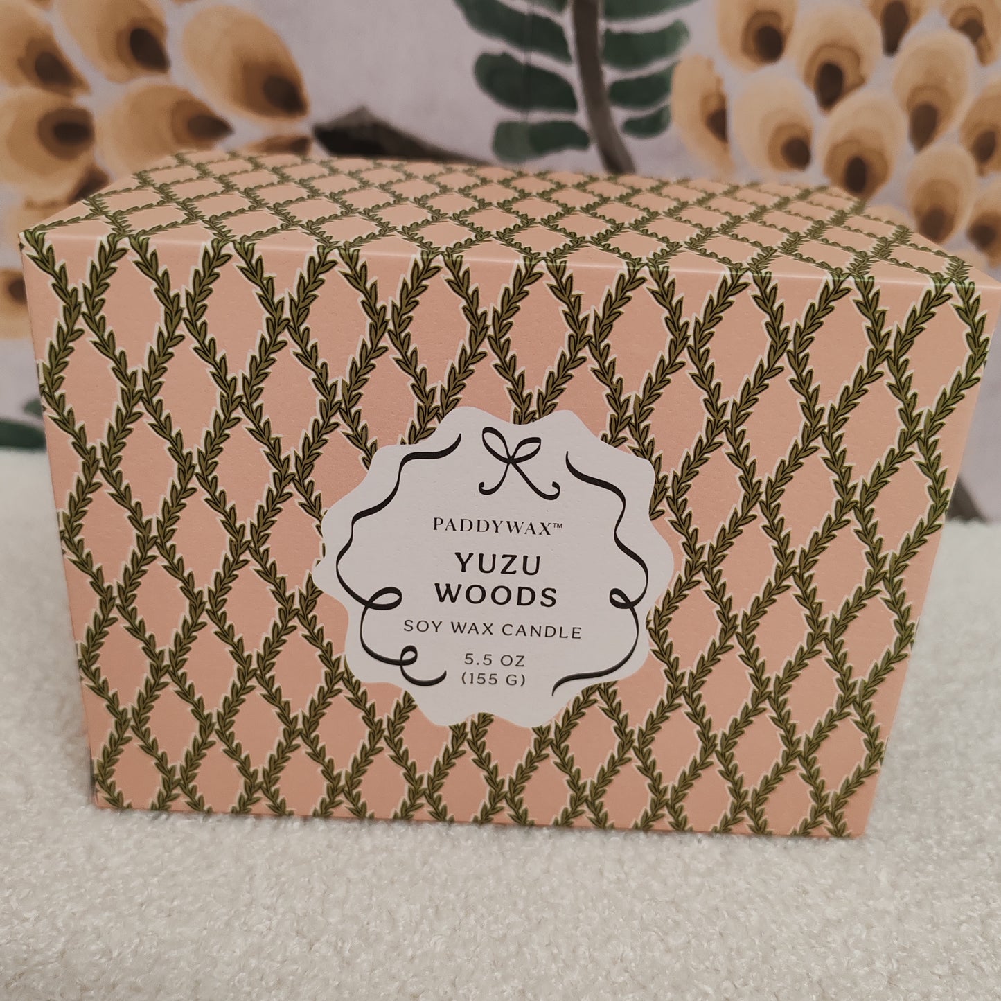 Scented candle in porcelain dish. Yuzu woods scent