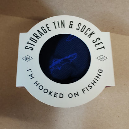 Fishing theme socks in a usable tin container.