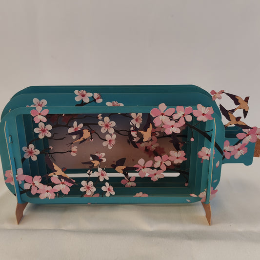 Message in a bottle 3d pop up greeting card. Cherry blossom theme.