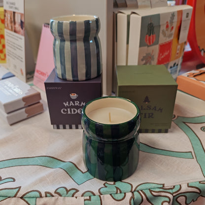 Cabana 6.5oz/184g Blue/Navy Striped Ceramic Candle - Warm Cider