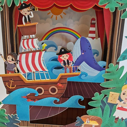 Paper theatre pop up greeting card. Pirate theme