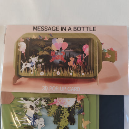 Message in a bottle 3d pop up greeting card. Dogs, balloons theme.