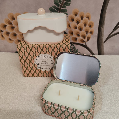 Scented candle in porcelain dish. Yuzu woods scent