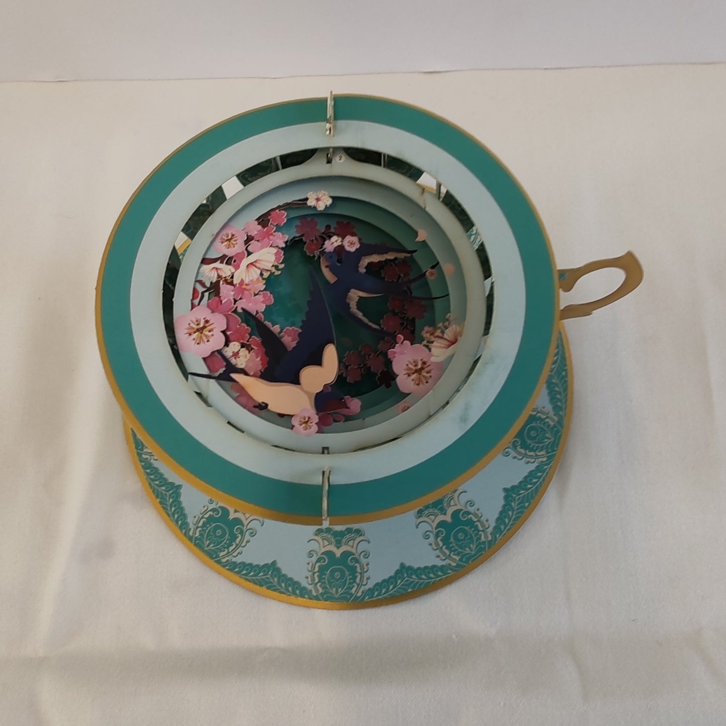 Cup of tea pop up greeting card. Cherry blossom theme.