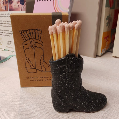Nashville Ceramic Cowboy Boot Match Holder Black with Matches (25Pcs)