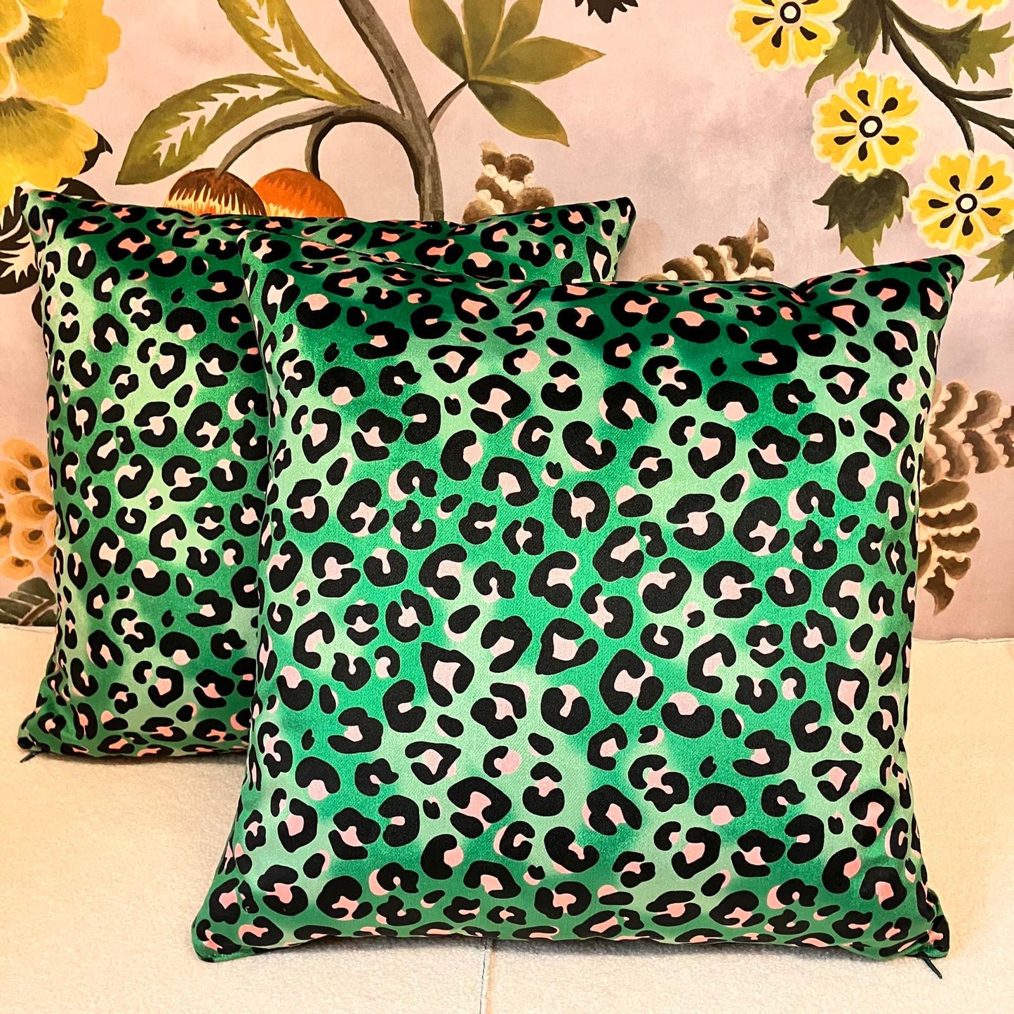 Becca who leopard print Green cushion