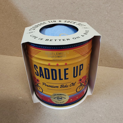 Socks in a tin container bike theme.