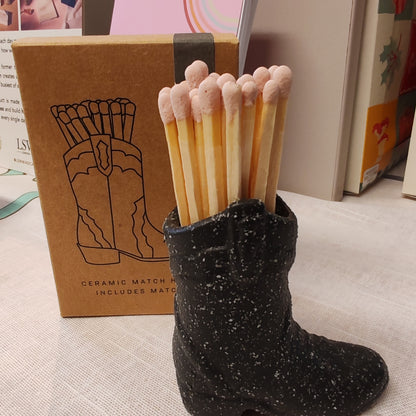 Nashville Ceramic Cowboy Boot Match Holder Black with Matches (25Pcs)