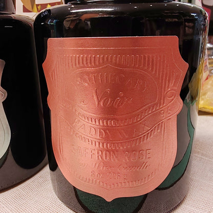 Black Apothecary Jar rose gold label. Scent of Saffron