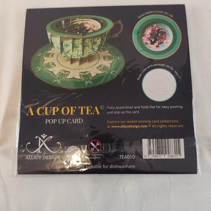 Cup of tea pop up greeting card. Cherry blossom theme.