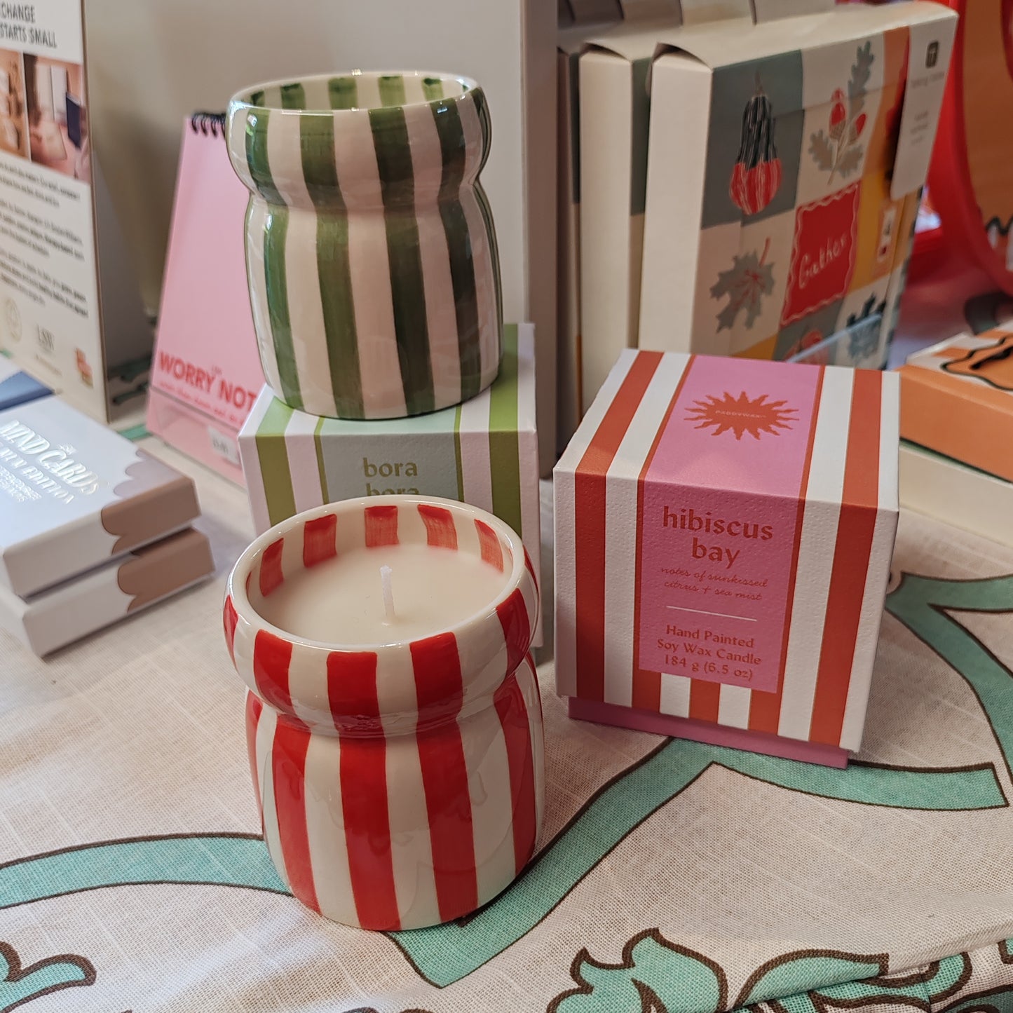 Cabana 6.5oz/184g Red Striped Ceramic Candle - Hibiscus Boxed