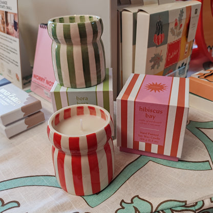 Cabana 6.5oz/184g Red Striped Ceramic Candle - Hibiscus Boxed