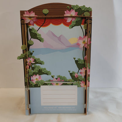 Paper theatre pop up greeting card. Romantic rowing theme