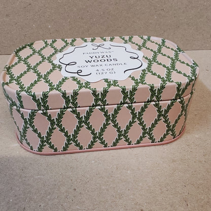 Cherie 4.5oz scented candle in printed tin. Yuzu woods