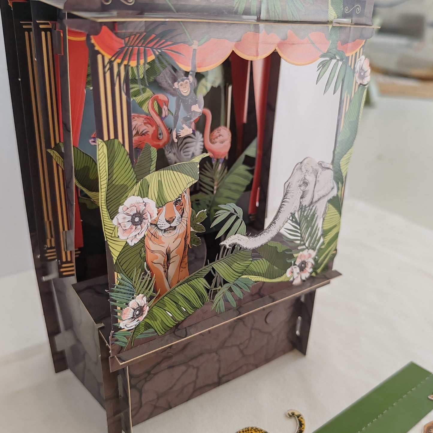 Interactive paper theatre pop up greeting card jungle theme
