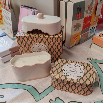 Scented candle in porcelain dish. Yuzu woods scent