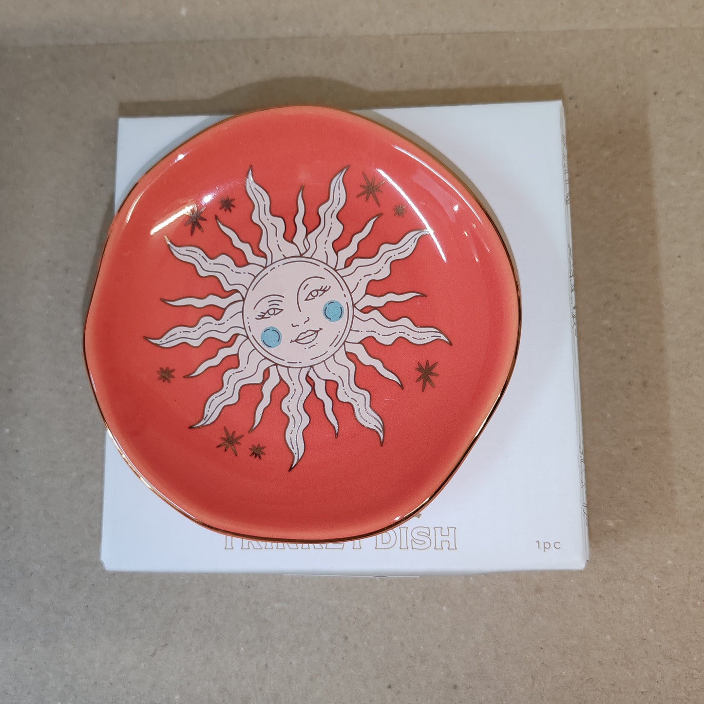 Celestial Trinket dish decorated with Terracotta sun face.