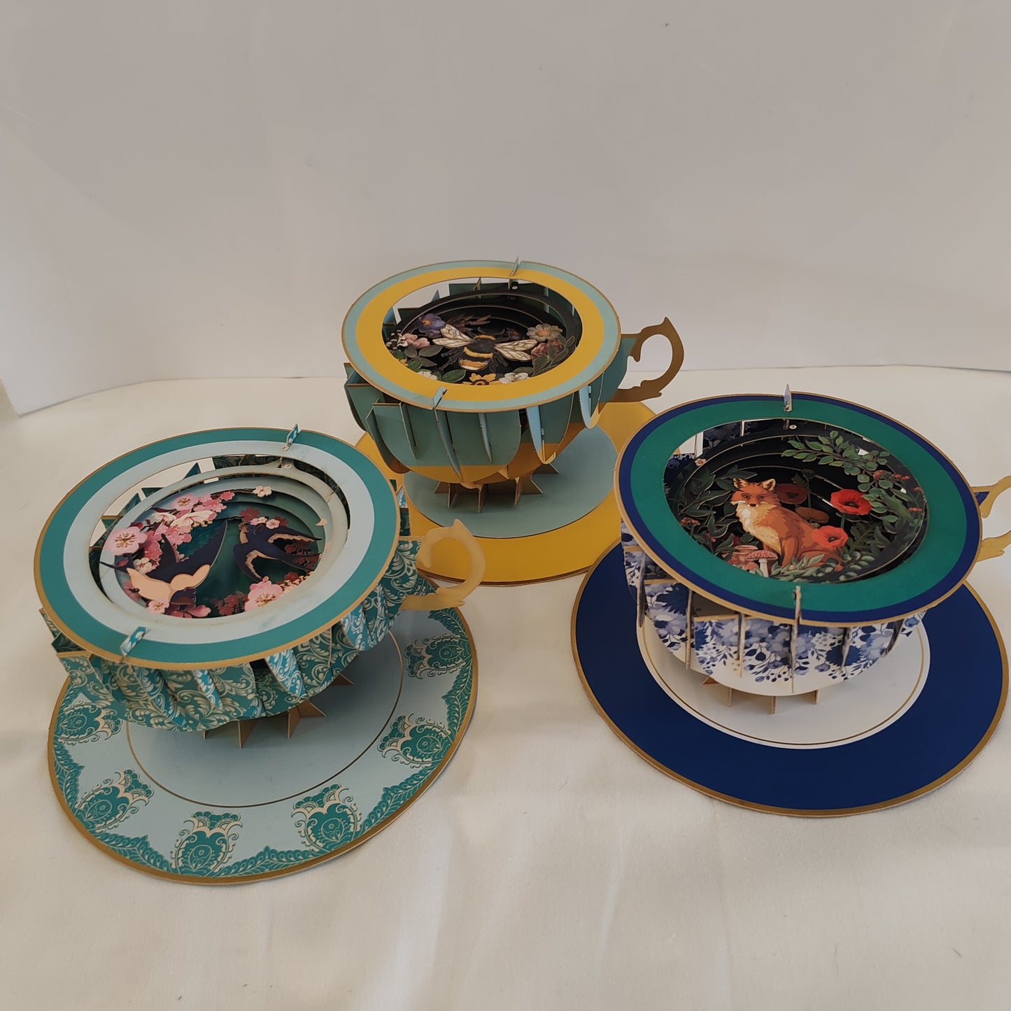 Cup of tea pop up greeting card. Fox theme