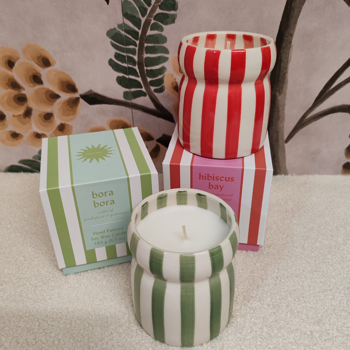 Cabana 6.5oz/184g Red Striped Ceramic Candle - Hibiscus Boxed