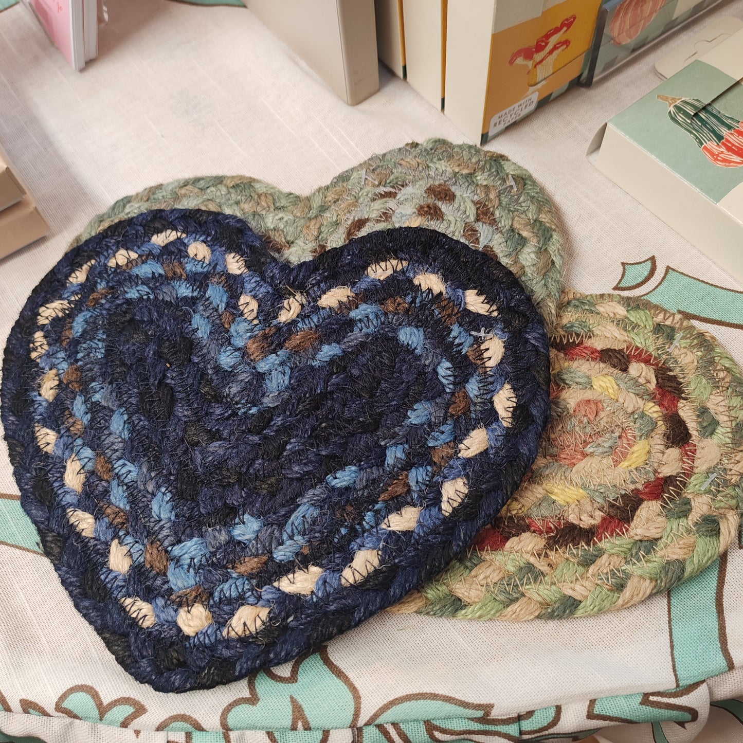 Heart jute coaster. Indigo Blue