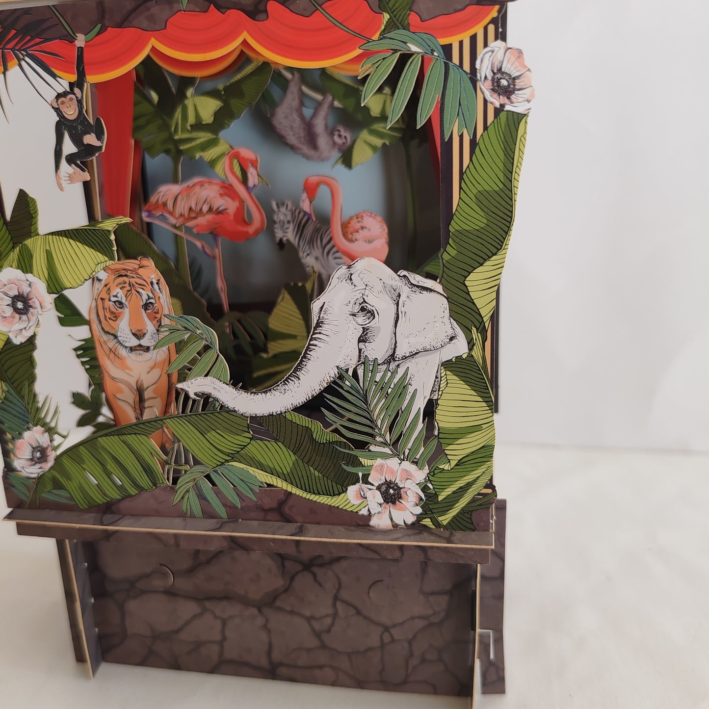 Interactive paper theatre pop up greeting card jungle theme