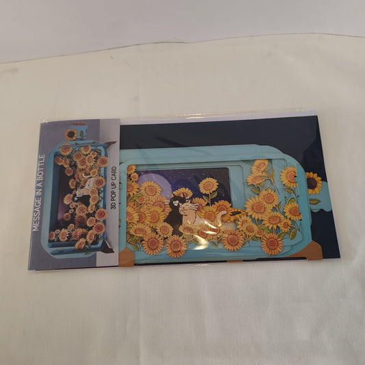 Message in a bottle greeting card sunflower and cats