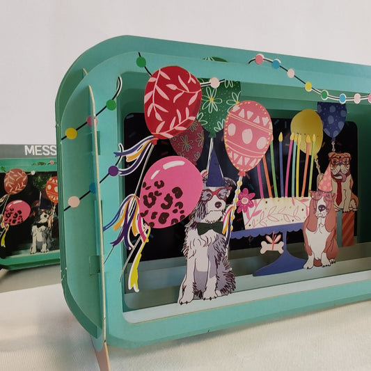 Message in a bottle greeting card dogs and cake
