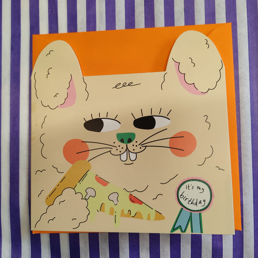Rabbit eats pizza greeting card