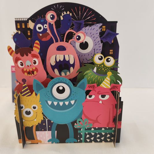 Monsters pop up 3d greeting card.