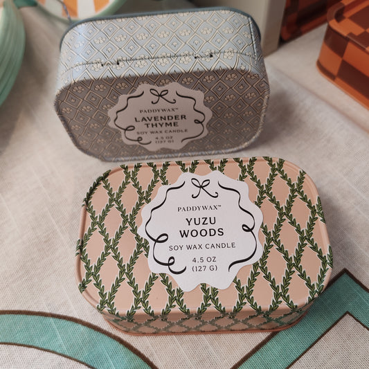Scented 4.5oz scented candle in printed blue and white tin. Scent of lavender and thyme.