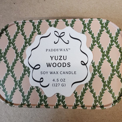 Cherie 4.5oz scented candle in printed tin. Yuzu woods