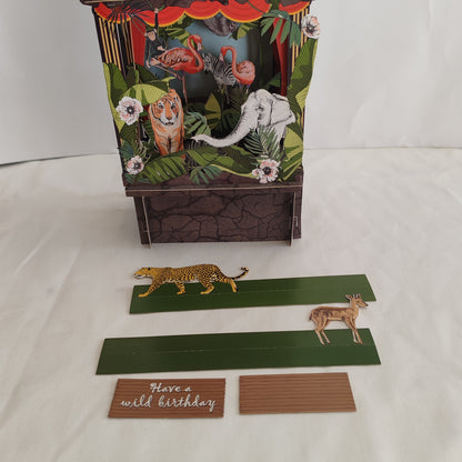 Interactive paper theatre pop up greeting card jungle theme