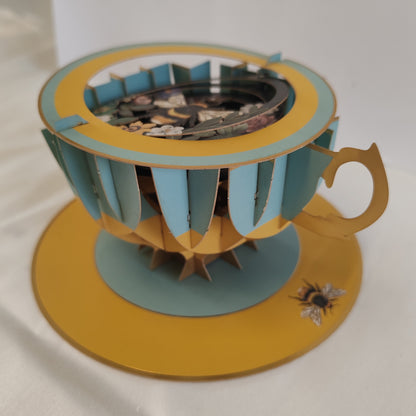 Cup of tea pop up greeting card. Bee theme