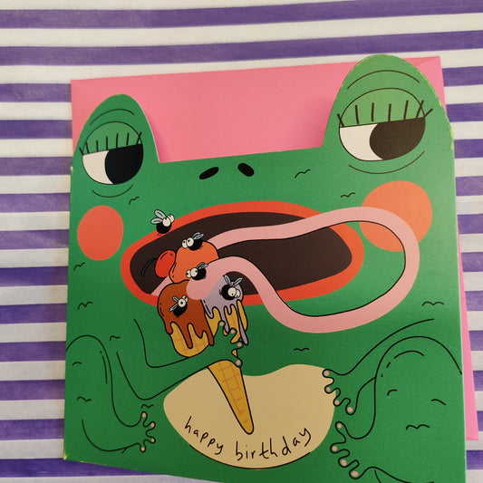Frog eating fly ice-cream birthday greeting card
