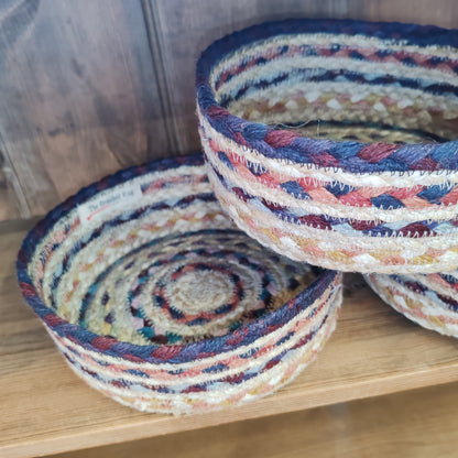Jute basket mini 20cm x 8cm Fairisle rustic colours