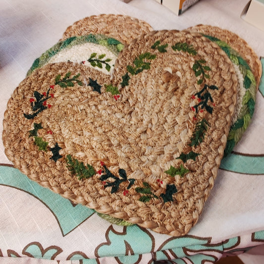 Natural jute heart Christmas coaster. 20cm x 15cm