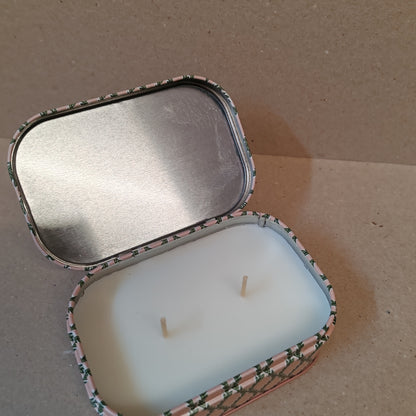 Cherie 4.5oz scented candle in printed tin. Yuzu woods