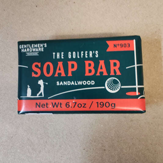 Retro packaging soap bar golfing theme. Scent of sandalwood