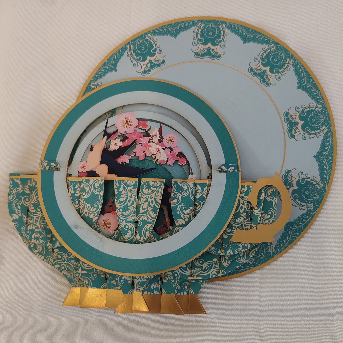 Cup of tea pop up greeting card. Cherry blossom theme.