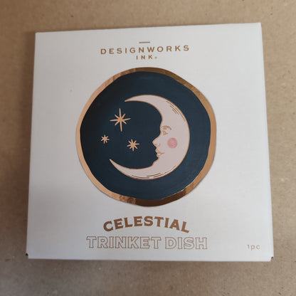 Celestial Trinket dish decorated with teal moon .