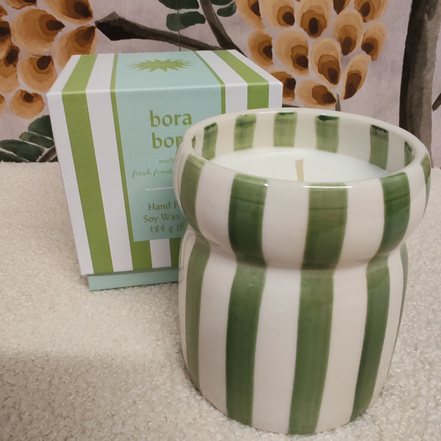 Cabana 6.5oz sage striped candle.