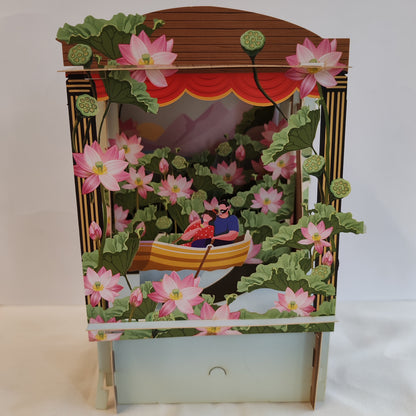 Paper theatre pop up greeting card. Romantic rowing theme