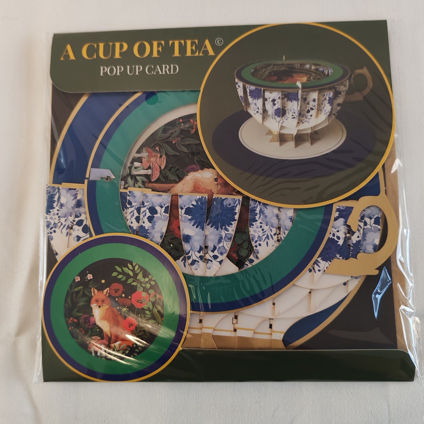 Cup of tea pop up greeting card. Fox theme