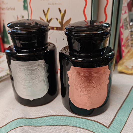 Black Apothecary Jar rose gold label. Scent of Saffron