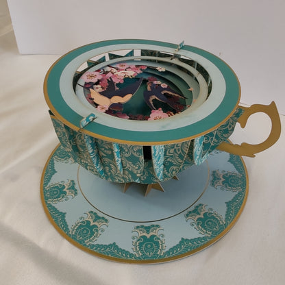 Cup of tea pop up greeting card. Cherry blossom theme.