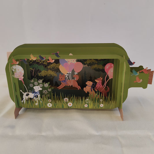 Message in a bottle 3d pop up greeting card. Dogs, balloons theme.