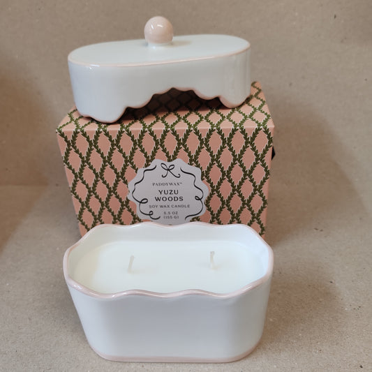 Scented candle in porcelain dish. Yuzu woods scent