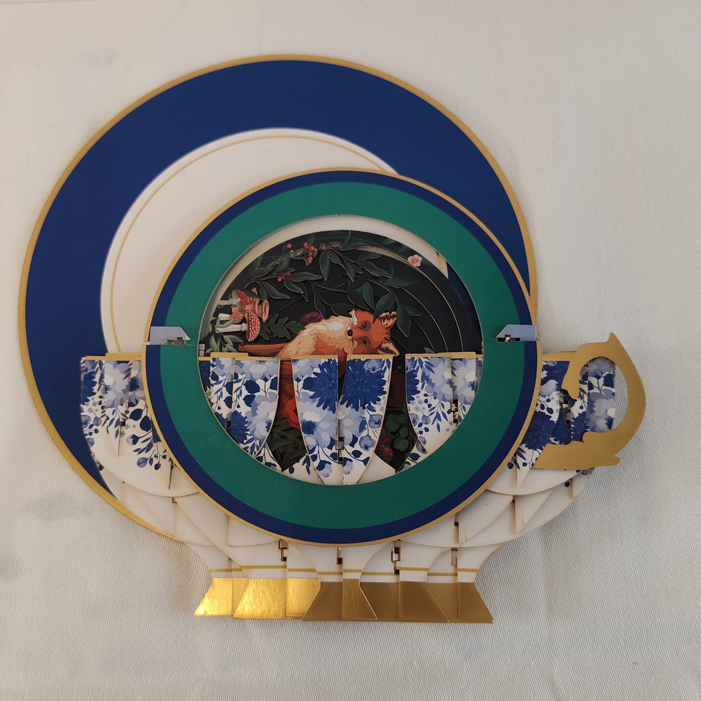 Cup of tea pop up greeting card. Fox theme